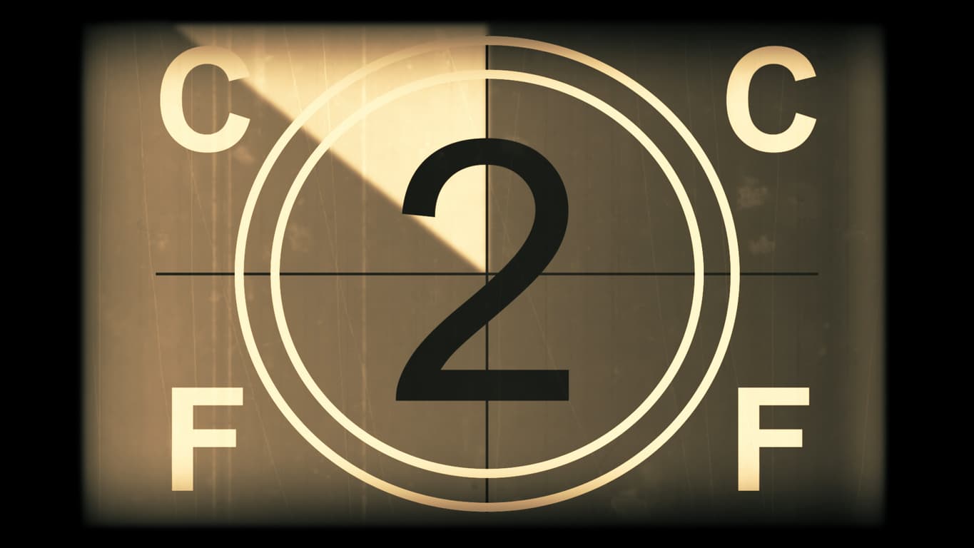 3D rendering of a monochrome old and grained universal countdown leader from 10 to 0